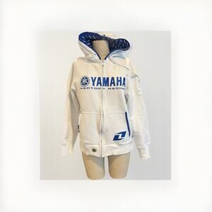 Yamaha Factory Racing Zip Up Jacket Hoodie White Blue Size Small Embroidered